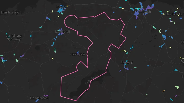 House price heatmap showing property values across Rhosgoch