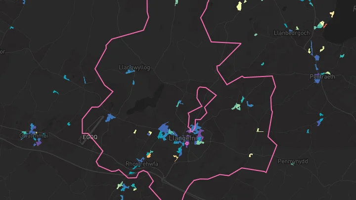 House price heatmap showing property values across Llangefni