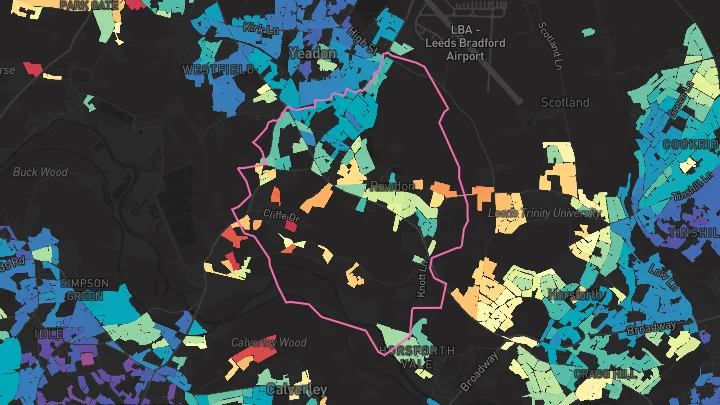 House price heatmap showing property values across Rawdon