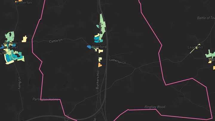House price heatmap showing property values across Aberford
