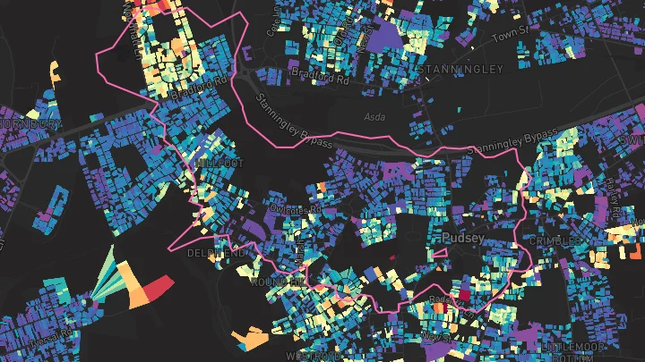 House price heatmap showing property values across Pudsey