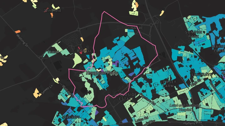House price heatmap showing property values across Houghton Regis