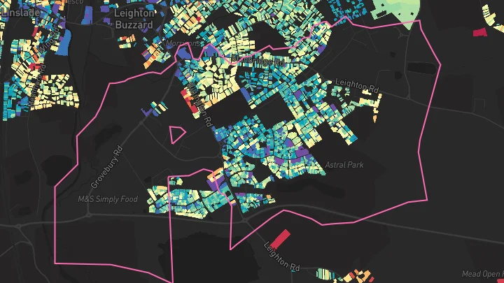House price heatmap showing property values across Leighton Buzzard