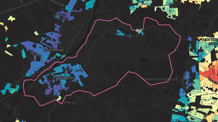 House price heatmap showing property values across Partington