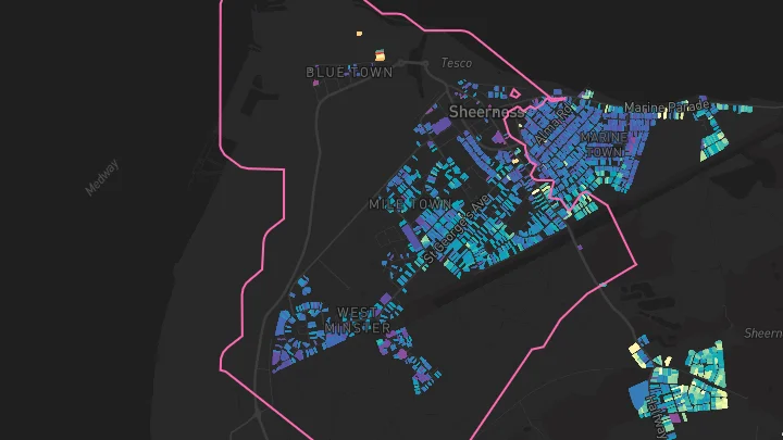 House price heatmap showing property values across Sheerness