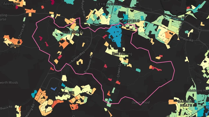 House price heatmap showing property values across East Malling