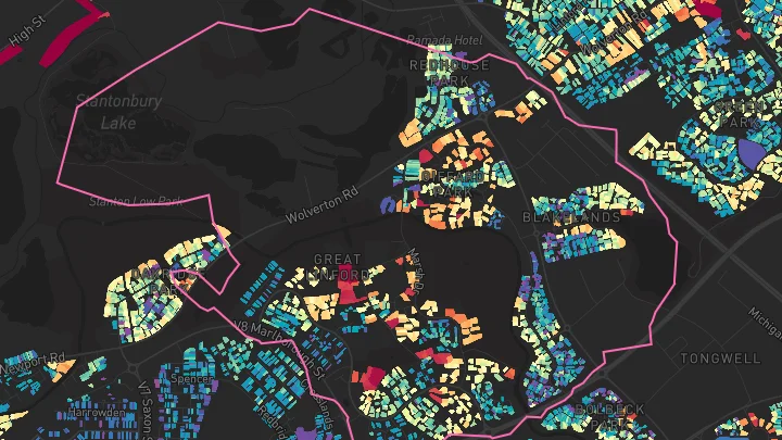 House price heatmap showing property values across Great Linford