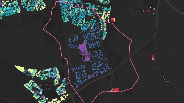 House price heatmap showing property values across Bletchley
