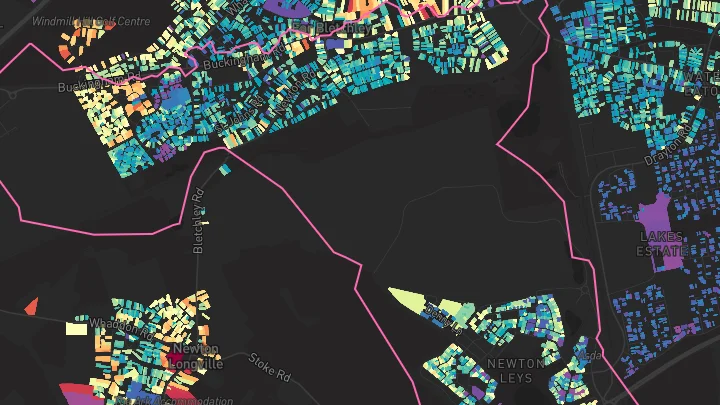 House price heatmap showing property values across Bletchley