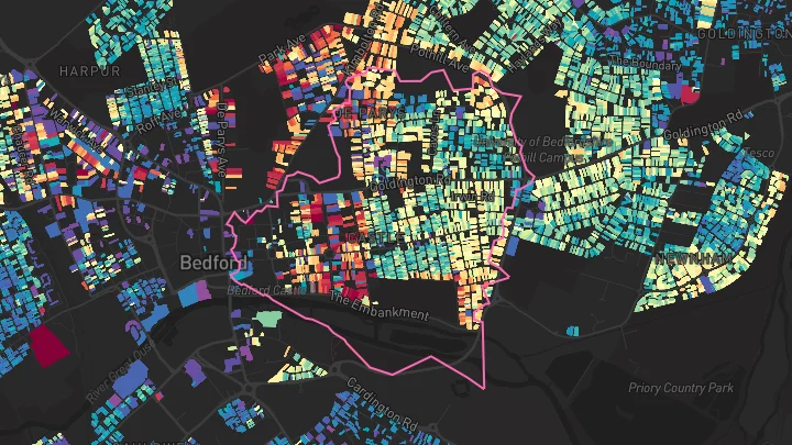 House price heatmap showing property values across Bedford