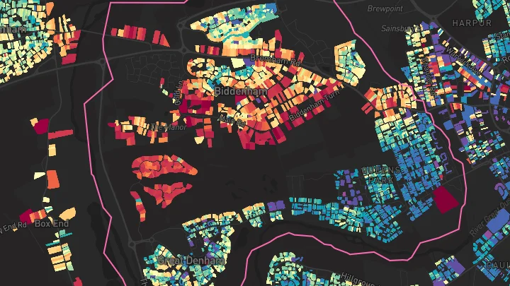 House price heatmap showing property values across Biddenham