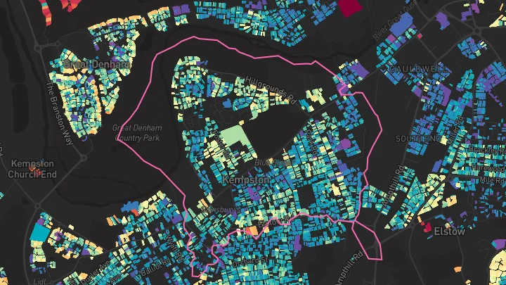 House price heatmap showing property values across Kempston