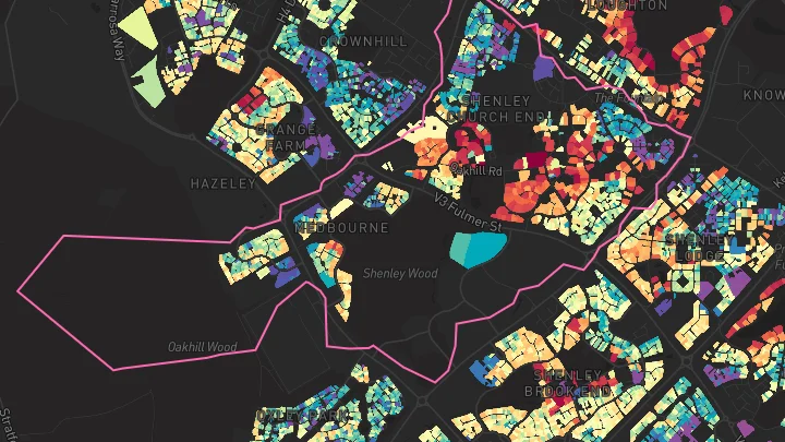 House price heatmap showing property values across Shenley Church End