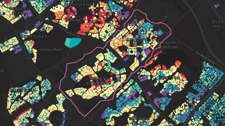 House price heatmap showing property values across Shenley Brook End