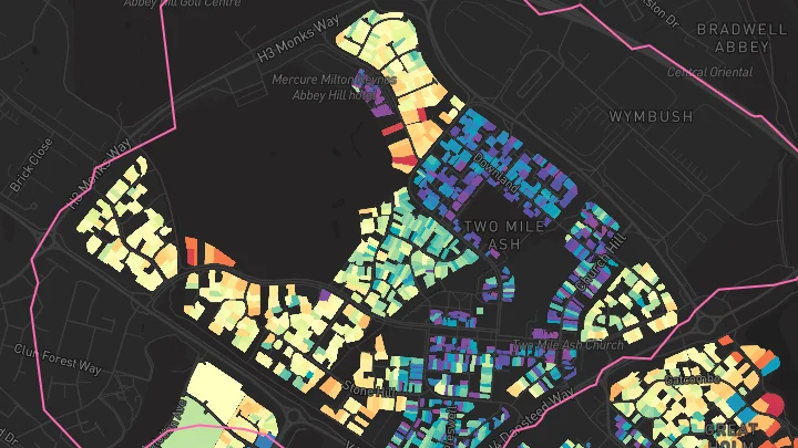 House price heatmap showing property values across Two Mile Ash