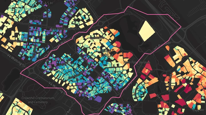 House price heatmap showing property values across Great Holm