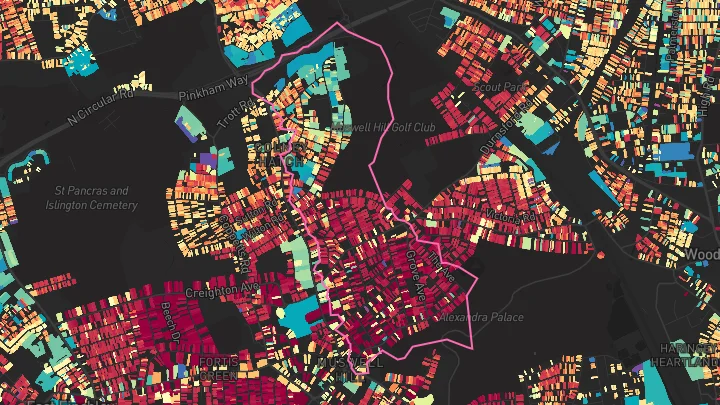 House price heatmap showing property values across New Southgate