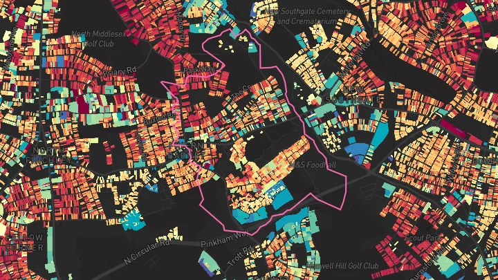 House price heatmap showing property values across New Southgate