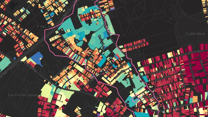 House price heatmap showing property values across East Finchley