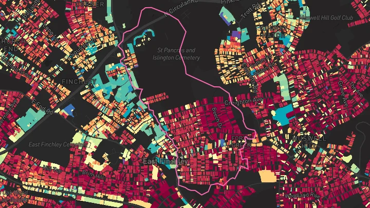 House price heatmap showing property values across East Finchley
