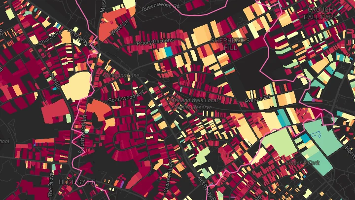 House price heatmap showing property values across Highgate