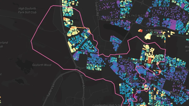House price heatmap showing property values across Newcastle Upon Tyne