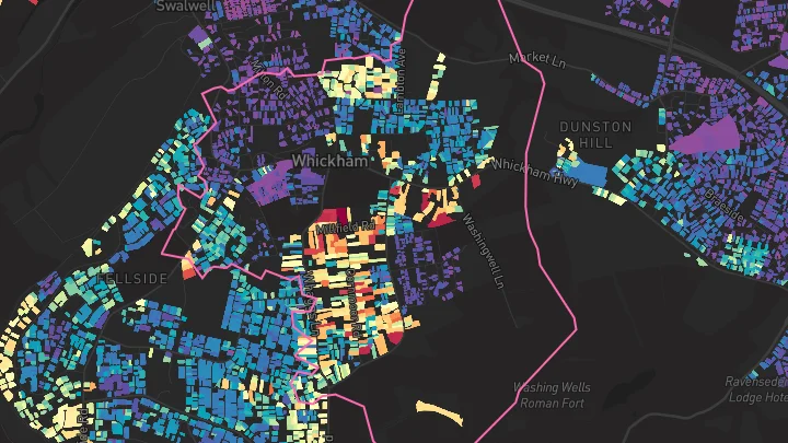 House price heatmap showing property values across Whickham