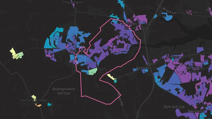 House price heatmap showing property values across Bedlington