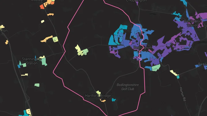 House price heatmap showing property values across Bedlington