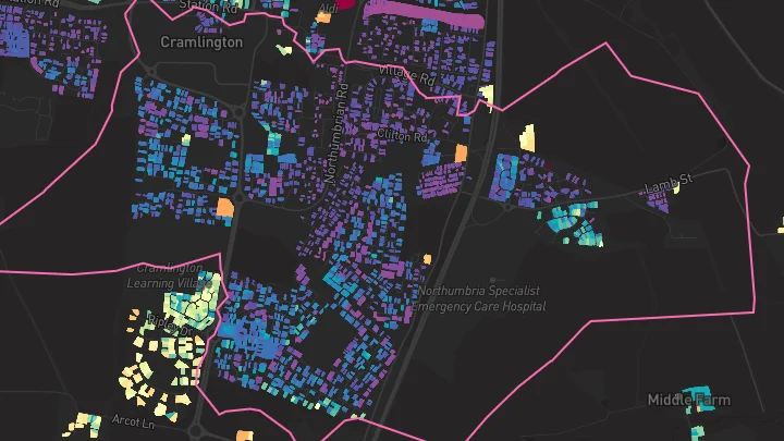 House price heatmap showing property values across Cramlington