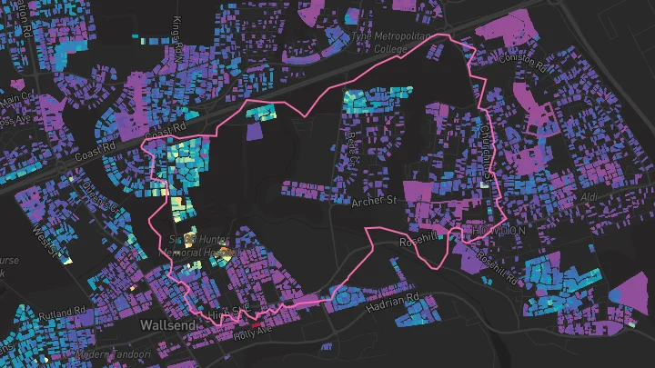House price heatmap showing property values across Wallsend