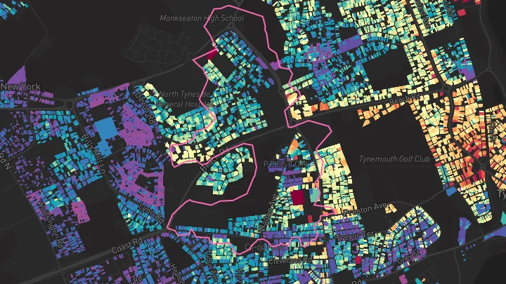 House price heatmap showing property values across North Shields
