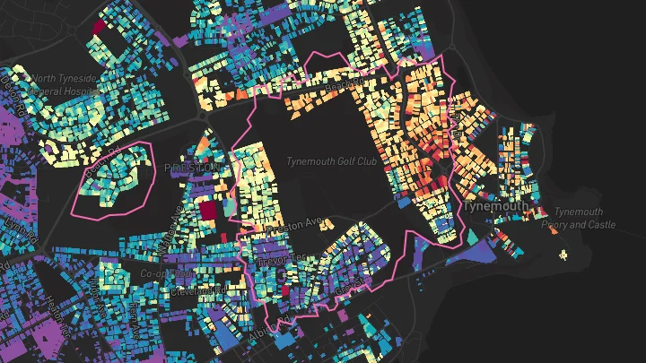 House price heatmap showing property values across North Shields