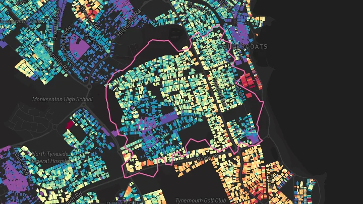 House price heatmap showing property values across North Shields