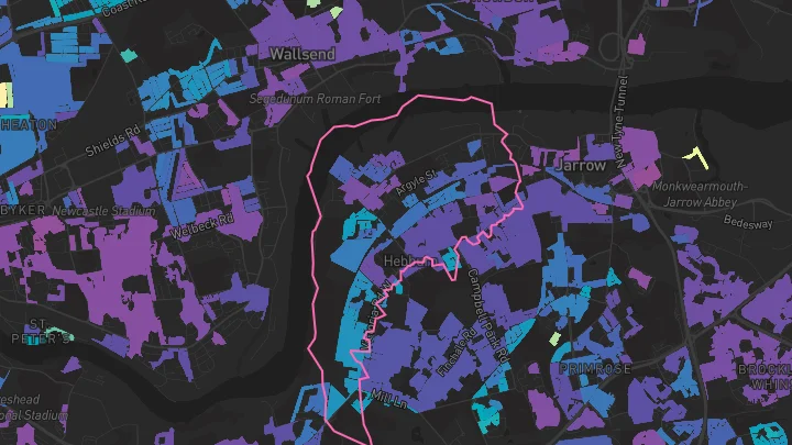 House price heatmap showing property values across Hebburn