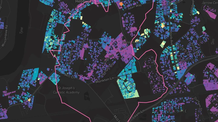 House price heatmap showing property values across Hebburn