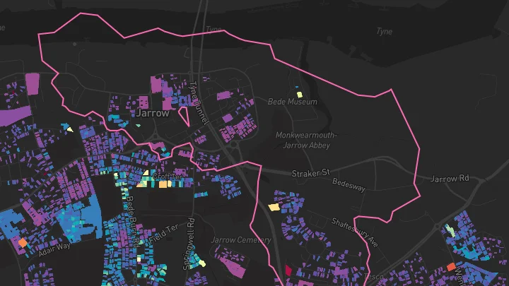 House price heatmap showing property values across Jarrow