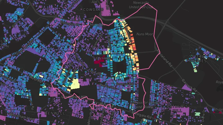 House price heatmap showing property values across Newcastle Upon Tyne