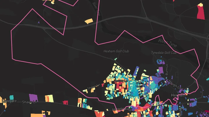 House price heatmap showing property values across Hexham