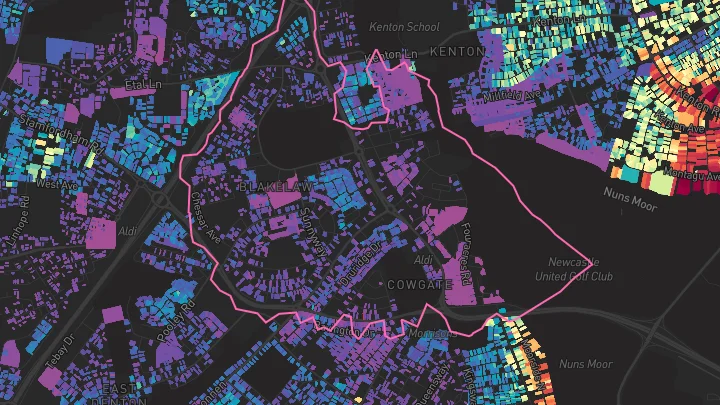 House price heatmap showing property values across Newcastle Upon Tyne