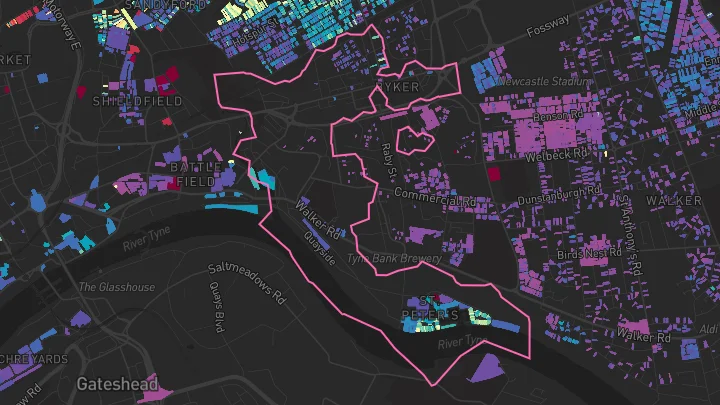 House price heatmap showing property values across Newcastle Upon Tyne