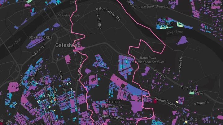 House price heatmap showing property values across Gateshead