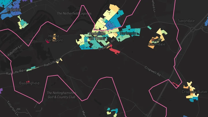 House price heatmap showing property values across Radcliffe On Trent