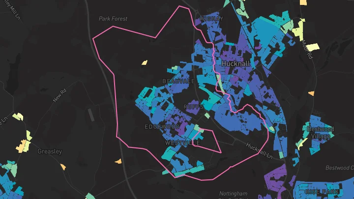 House price heatmap showing property values across Hucknall
