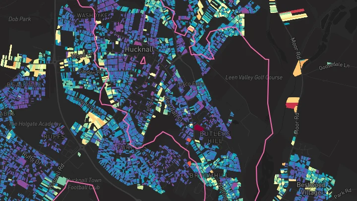 House price heatmap showing property values across Hucknall