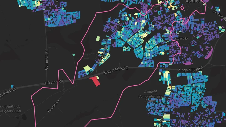 House price heatmap showing property values across Sutton-In-Ashfield