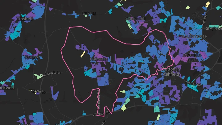 House price heatmap showing property values across Huthwaite