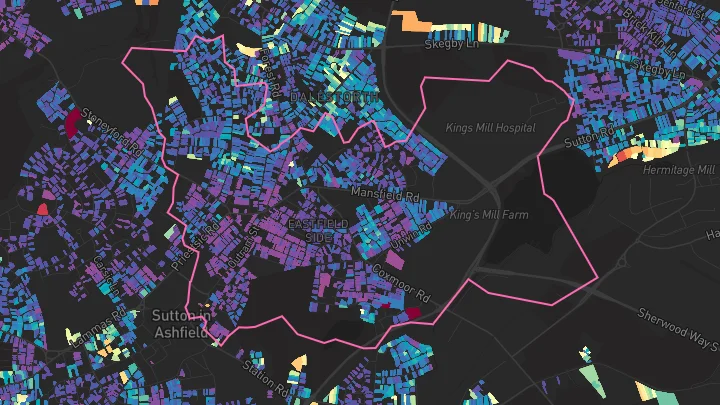 House price heatmap showing property values across Sutton-In-Ashfield
