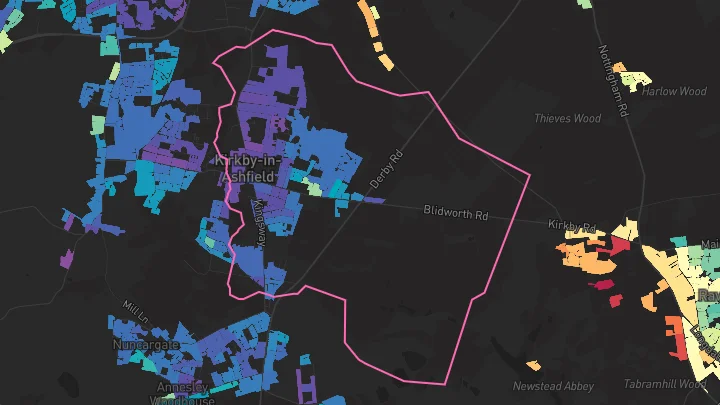 House price heatmap showing property values across Kirkby In Ashfield