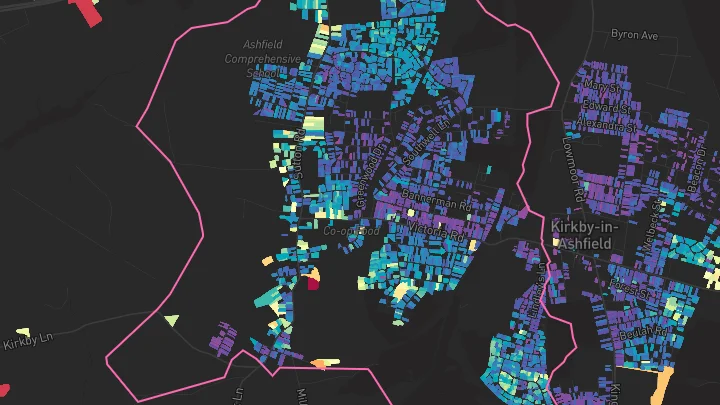 House price heatmap showing property values across Kirkby In Ashfield